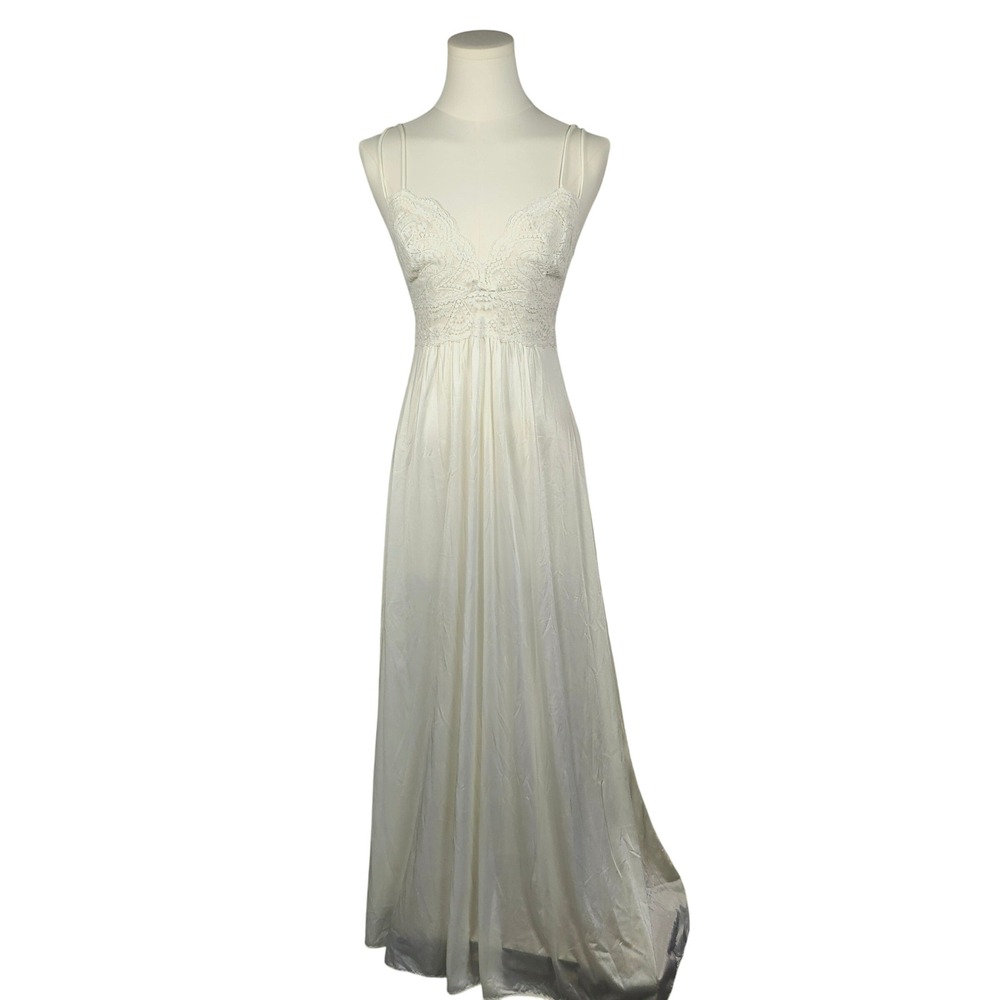 Vintage Ivory Lace Empire Waist Maxi‎ Slip Dress Nightgown Medium Old Hollywood